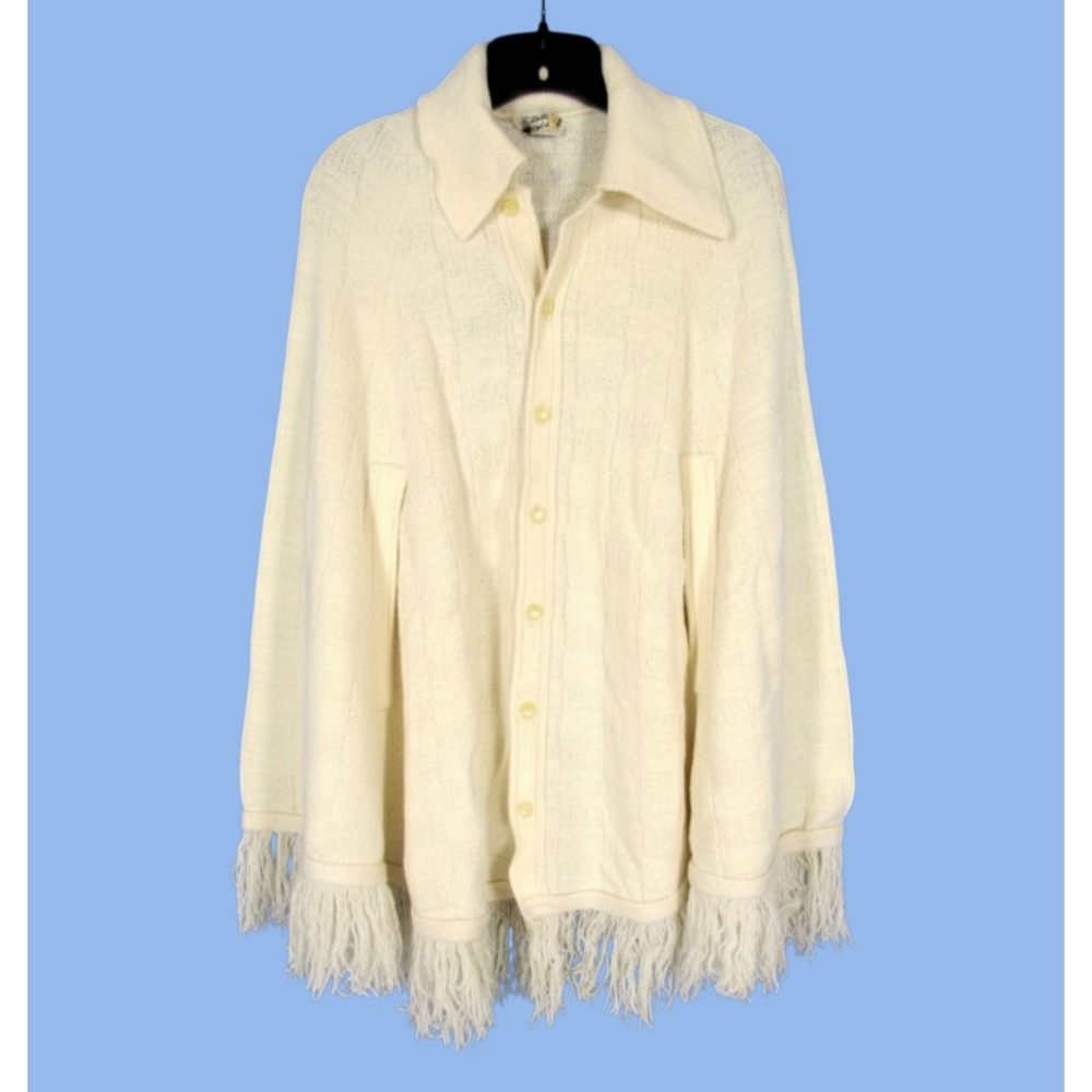 VTG SWEATER BEE BANFF Ivory Check Knit Button-Up SWEATER CAPE/PONCHO Granny M